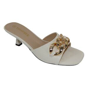 Chain Mule Heels White Slide Sandals Gold Tone Accent Coquette Y2K Chic Size 8